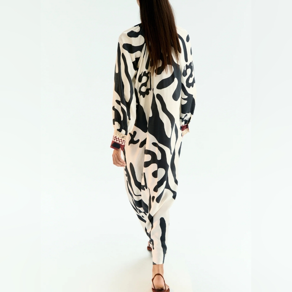 H&M Special Edition Loose Fit Dress Long Sleeves Cream Black Red Nwt - Picture 14 of 16